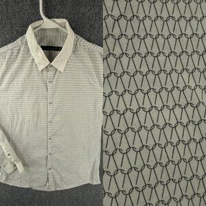 Calvin Klein Men Button Up Shirt Geometric White Gray Long Sleeve Medium Adult